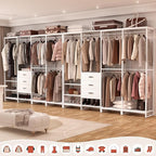 Aheaplus Wood Clothes Rack Wardrobe Closets for Hanging Clothes Heavy Duty Garment Rack, Large Corner L Shaped Closet System Organizer Walk-in Closet for Bedroom with 3 Wood Drawers, Pure White