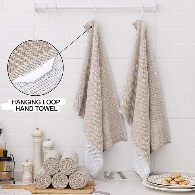 Homaxy Premium Kitchen Towels(18”x 28”, 12 Pack), Large Cotton Kitchen Hand Towels, Flat and Terry Dish Towels, 380 GSM Highly Absorbent Tea Towel Set with Hanging Loop, Khaki