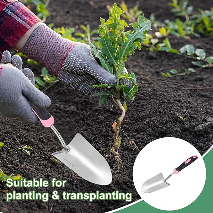 HARFINGTON Garden Hand Shovels 13.23 x 3.39 Stainless Steel Transplanting Trowel with Handle Garden Tools for Gardening Weeding Planting, Pink