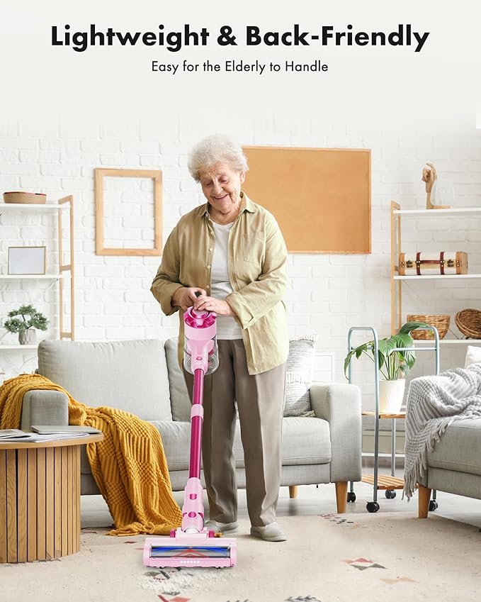 Cordless Vacuum Cleaner, 8-in-1 Lightweight Stick Vacuum with 45mins Runtime, Powerful Suction, Rechargeable Cordless Vacuum for Carpet, Tile, Pet Hair, Hardwood Floors, Pink