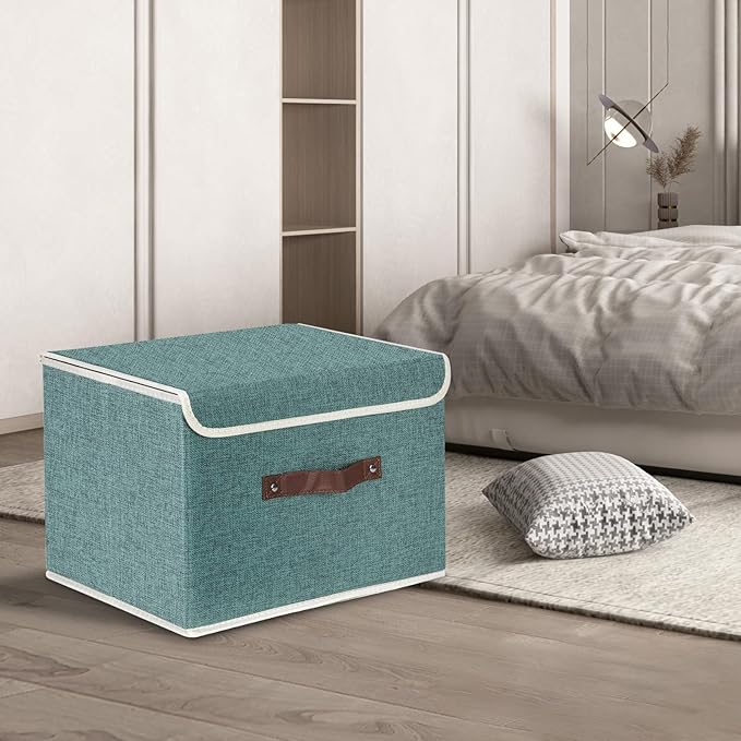 TYEERS Foldable Storage Boxes with Lids 5 Pack Fabric Storage Bins with Lids, Closet Organizers for Clothes Storage, Room Organization, Office Storage, Toys - Aqua Deep