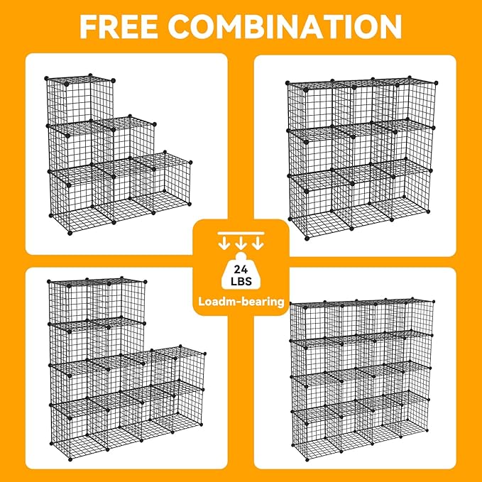 HUBSON Wire Cube Storage Organizer, Book/Toy/Craft/Potted Plants and petCloset Organizers and Storage Shelves, 20-Cube Freely Combinable Metal Grids Storage Shelf,Black Iron