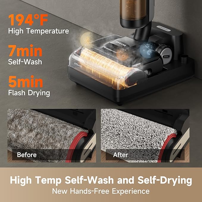 DREAME H12 Pro FlexReach Wet Dry Vacuum Cleaner, 0 Tangle Cordless Vacuum Mop All-in-One for Hard Floors, 180° Lie-Flat Floor Cleaner Machine with 194°F Hot Self-Cleaning, 50Mins Runtime