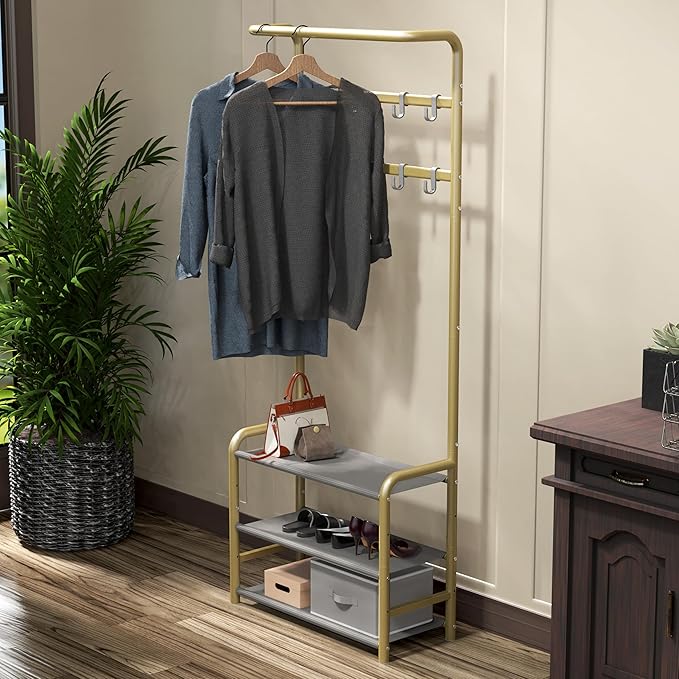 SIMPLE HOUSEWARE Coat Rack with Storage Shelf, Freestanding Hall Tree with Hooks for Entryway, Bedroom, Office, Black Metal Clothes Hanger Stand for Coats, Hats, Jackets, Bags - Champagne Gold