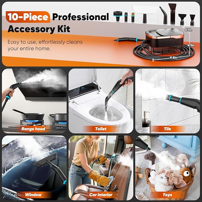 Steam Cleaner, 2500W Heavy Duty Pressurized Handheld Steamer with Built-in 1.32 qt Water Tank & 10 Accessories – for Kitchen, Bathroom, Car, Floors, Furniture, Tile & Windows (Rose Gold)