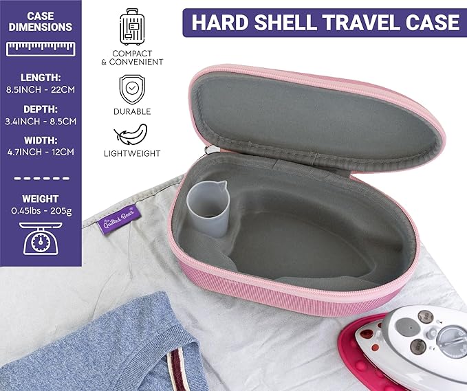The Quilted Bear Mini Steam Iron - Lightweight Mini Travel Iron for Effortless Quilting & Wrinkle-Free Clothes with Hard Shell Case - Travel Steamer Craft Press for Clothes & Crafts (Pink)