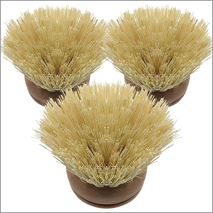 Lola Products Replacement Head for The Original Tampico Vegetable & Dish Brush, Birch Hardwood & Tampico Bristles, Reusable & Washable, 3 Pack