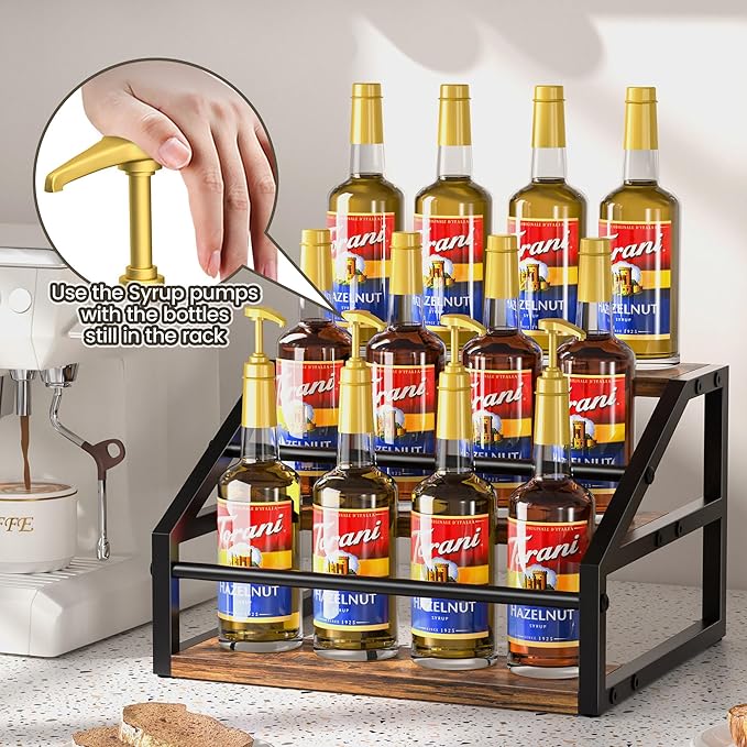 Coffee Syrup Rack Organizer, Spice Racks, Syrup Bottle Holder Stand for Coffee Bar, 3-Tier 12 Bottles Storage Shelves for Syrup, Wine, Dressing for Kitchen Countertop, Rustic Brown