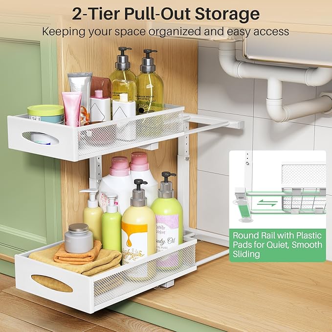 Under Sink Organizer, 2 Tier Pull out Cabinet Organizer Baskets with Mesh Sliding Drawers, Slide out Storage Shelf for Home, Kitchen, Bathroom, Pantry, Office Cabinet(1 Pack, White)