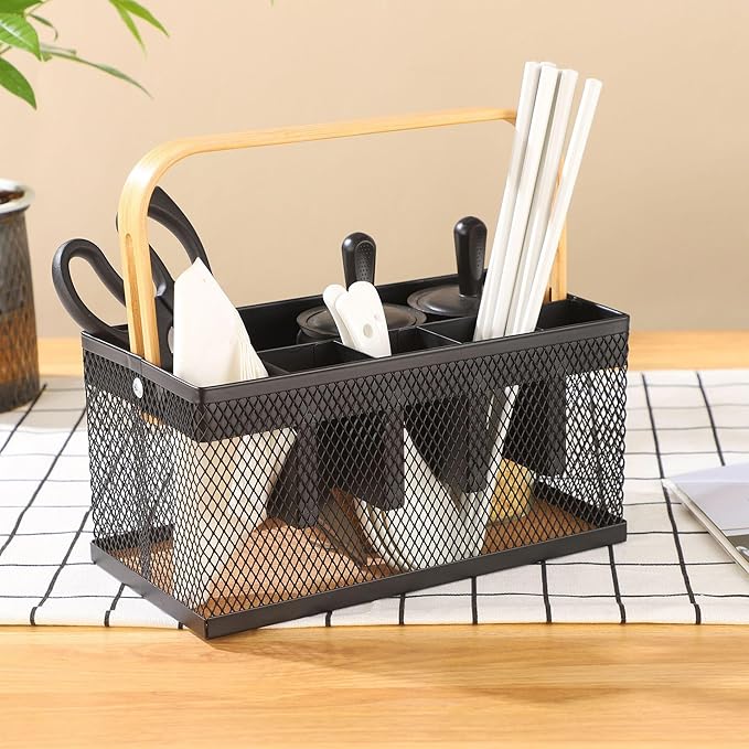 Utensil Caddy Metal Mesh Silverware Cutlery Organizer Basket with Bamboo Handle, Multi-Purpose Steel Wire Caddy 6 Compartment Flatware Basket for Kitchen, Countertop, Picnic, Restaurant, Black