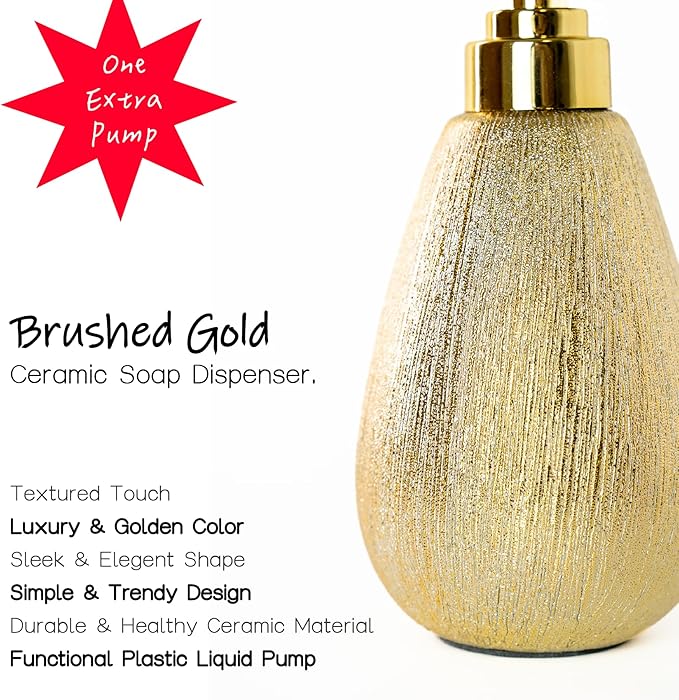 Brushed Gold Ceramic Soap Dispenser, 11 oz Textured Hand or Dish Soap Dispenser with Golden Plastic Pump for Bathroom or Kitchen Countertop