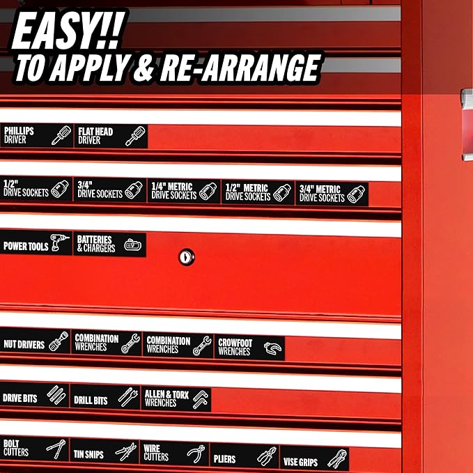 Toolbox Organization Magnetic Labels-80 Large Tool Chest Organizer Labels-Strong Magnets-Fits All Brands of Steel Tool Box Drawers(Black 3.125x1.0 in)