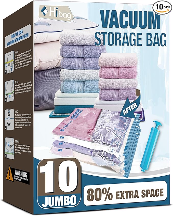 HIBAG Vacuum Storage Seal Bags, 10 Jumbo Space Saver Vacuum Sealer Bags for Clothes, Comforters, Blankets, Bedding (10J)