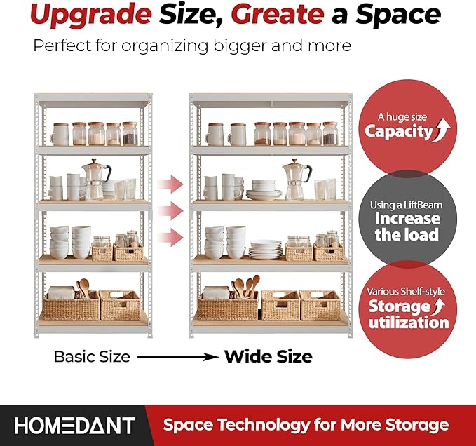 HOMEDANT White 5 Tier Laminated Boltless Heavy Duty Garage Storage Adjustable Wide Size Metal Shelving Unit Utility Rack Shelves Organization Shelf Shed Warehouse 47.7" W x 18.2" D x 71.3" H 2Pack