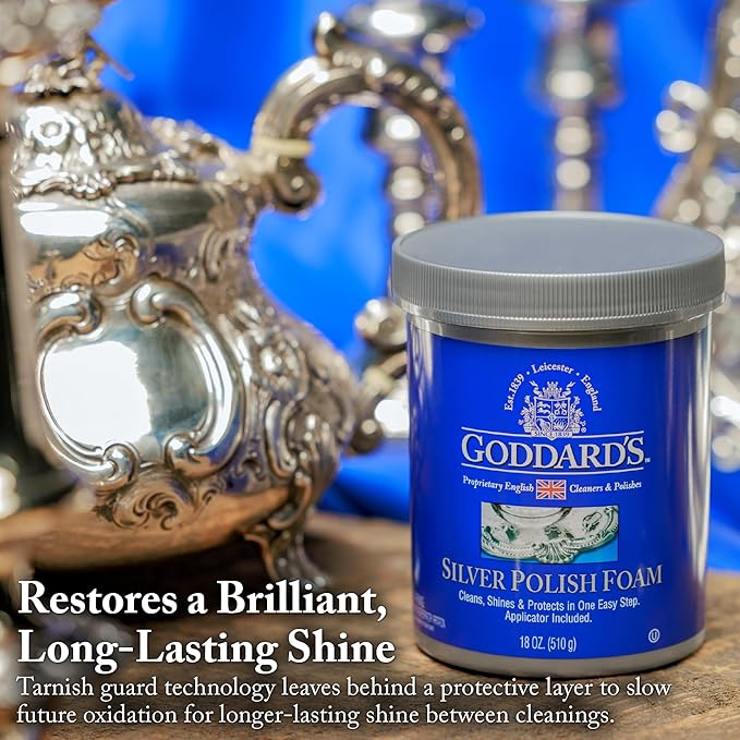 Goddard’s Silver Polish Foam – Silver Jewelry Cleaner for Antiques, Accessories, Ornaments & More – Silver Cleaner for Silverware Protection – Tarnish Remover for Jewelry w/Sponge Applicator (18 oz)