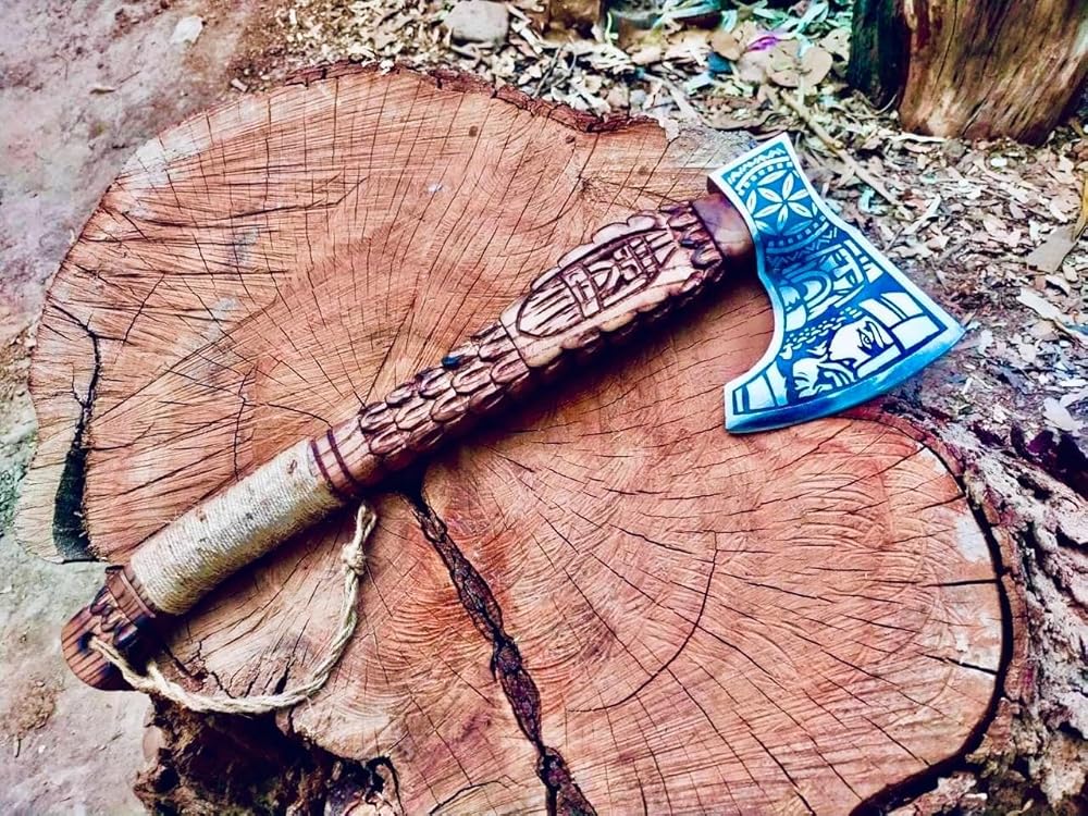 | custom handmade Viking medieval Axe with Viking gift,Hand Axe,Viking Gifts for Men,Camping Tomahawk,Bearded,Valhalla Axe with Leather Sheath (Battle axe) (Handmade)