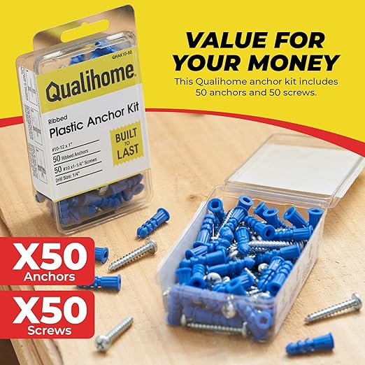 Qualihome Ribbed Plastic Drywall Anchor Kit, Wall Anchors and Screws for Drywall Includes Anchors, & Screws, Mounting Tolls for Decor, Furniture, Shelving (50 Pack, Size: 10-12 x 1")