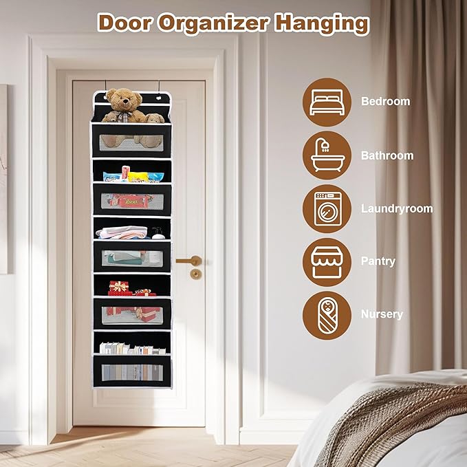 Over the Door Organizer Storage, 5 Shelf Storage with Large Pockets, Anti Tilt 44 lbs Heavy Duty Behind Door Organizer with Clear Window for Bedroom, Pantry, Bathroom, Nursery(Black)