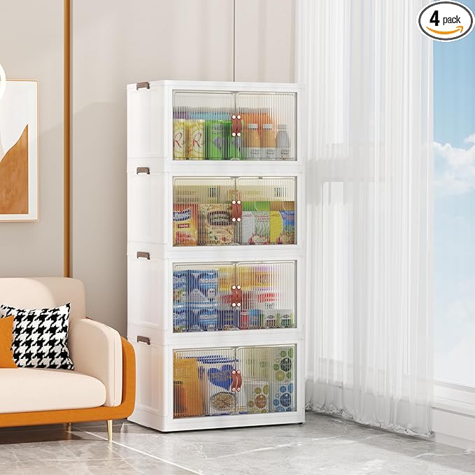 4 Tier Storage Bins with Lids, 104QT Collapsible Plastic Storage Bins, Folding Storage Boxes with Doors, Stackable Storage Organizer for Home, Office and Dorm