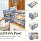 senya Large Storage Bins with Linen Collapsible Foldable Storage Cubes Fabric Closet Organizer Containers box with Flip-Top Lid for Home Bedroom Office 16.7 x 12.6 x 11.8in (Seaside Scenery)