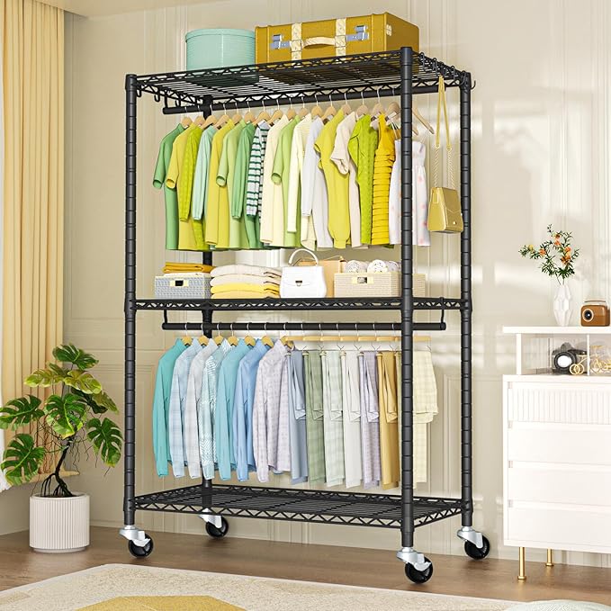 FUTASSI P3 Plus Rolling Clothes Rack, Clothing Racks for Hanging Clothes, Heavy Duty Garment Rack with Wheels, Freestanding Portable Closet Rack 45" W x 14" D x 78.5" H, Max Load 480 LBS, Black