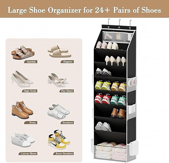 Over The Door Shoe Organizer - Shoe Rack with 8 Tiers, Sturdy Oxford Fabric Storage for Closet, Entryway, Dorm Room, Bedroom, Space Saving Holder for All Types Over The Door Organizer(Black)