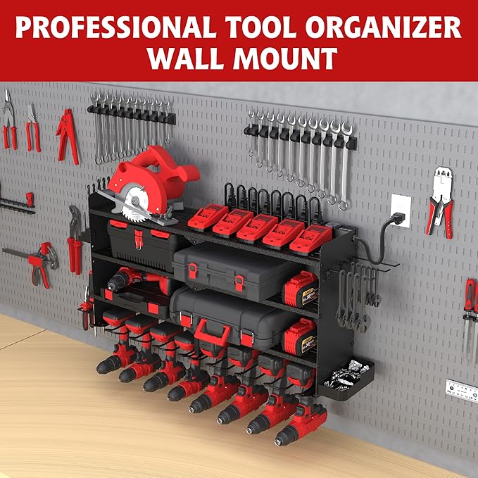 Power Tool Organizer with Charging Station, 4 Layers 8 Drill Holder Wall Mount,Metal Garage Rack with 10A Power Strip,Tool Shelves with Hooks,Drill Bit Storage, for Men Dad (Black)