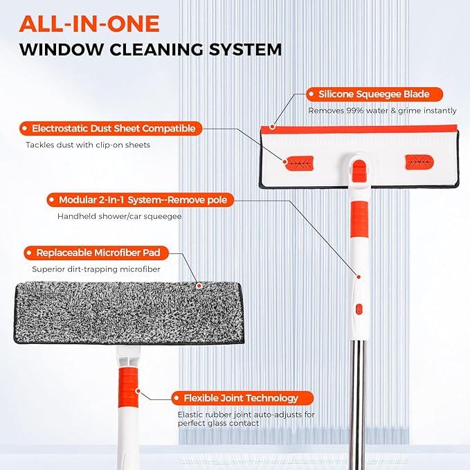 Professional Window Squeegee 2-in-1, Window Cleaner with 55" Extension Pole, Premium Squeegee for Window Cleaning, Streak-Free Window Cleaning Kit for High Windows, Shower Glass, Car Windshield