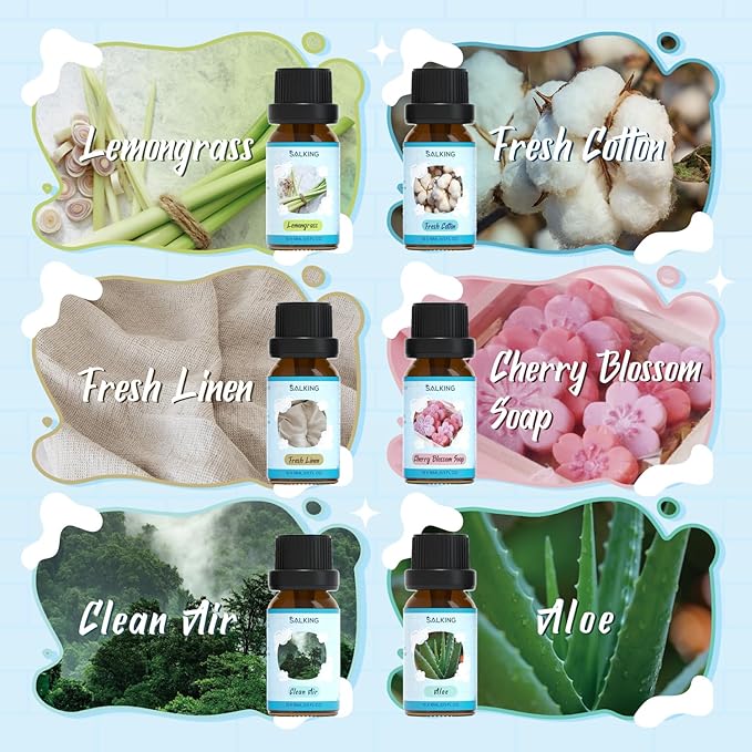 SALKING Clean Fragrance Oils Set, 12 x 10ml Premium Essential Oils Set for Diffuser, Natural Clean Scents Scented Oils, Soap & Candle Making Scents, Aromatherapy Oils Collection