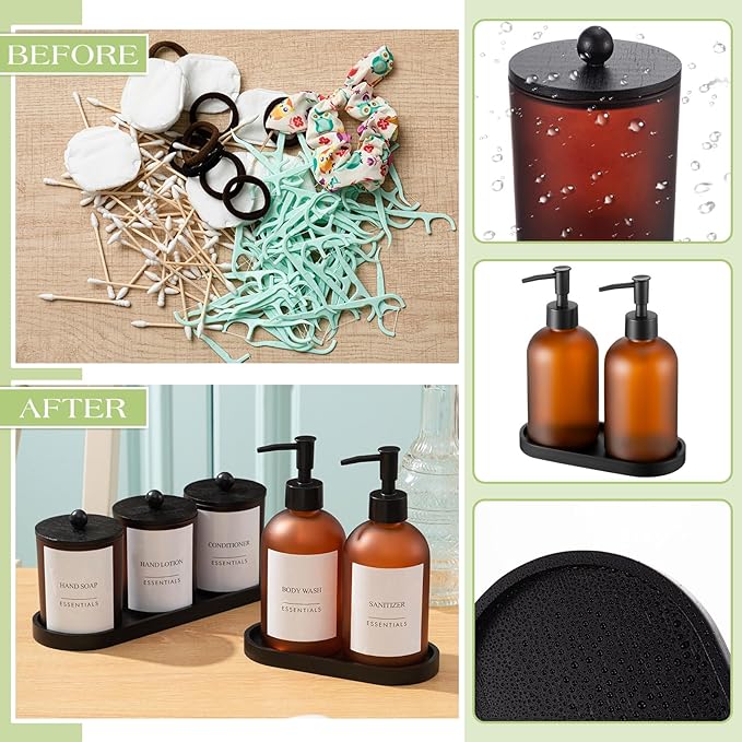 Yaomiao 5 Pack Bathroom Accessories Set, Modern Bathroom Decor Sets, Glass Liquid Soap Dispenser, Vanity Tray, Toothbrush Holder, Cotton Swab Jars with Lids for Sink Countertop(Amber,Frosted)
