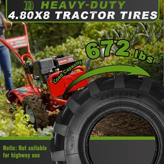 2 PCS 4.80/4.00-8 Tires, 4.80x4.00-8" Tubeless Turf Lawn Garden Tires for Tractor Tillers Golf Cart Most Garden Lawn Mower Tires