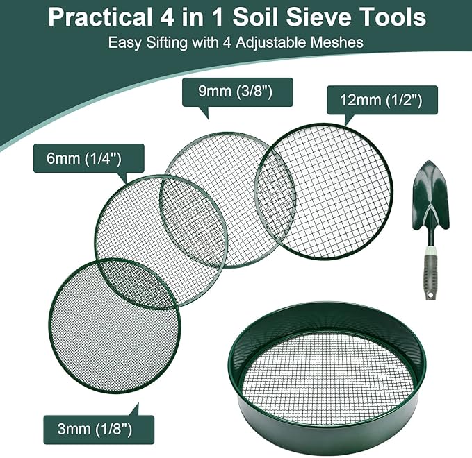 Soil Sieve Garden Riddle Sieve 12" Diameter, Fine Mesh Soil Sieve, Potting Sieve with 4 Interchangeable Filter Mesh Sizes 3,6,9,12mm and Shovel
