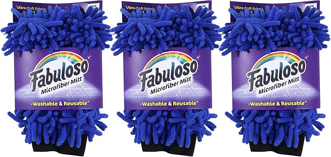 Fabuloso Microfiber Cleaning Mitt, Blue, One Size Fits All - Lint-Free, Scratch-Free Glove for Surfaces and Furniture - Dustless Hand Cloth for Bold & Bright Experience, 3 Count