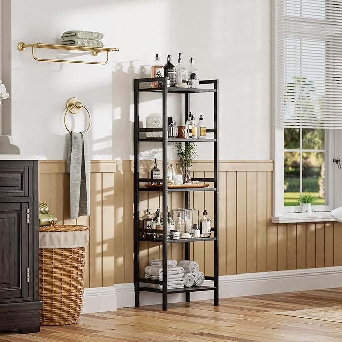 HITNET 5 Tier Narrow Bookshelf, Bamboo Bookcase, Slim Tall Storage Rack Free Standing Shelving Unit with Adjustable Shelves for Living Room Bedroom Bathroom, Black