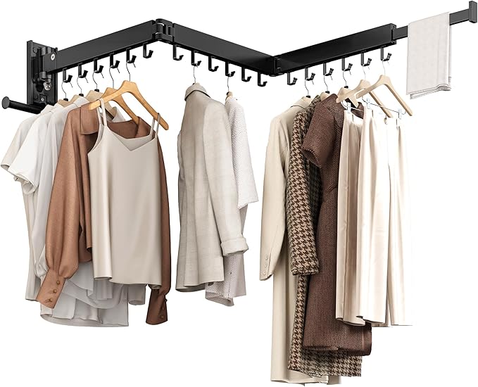Wall Mounted Collapsible Clothes Drying Rack, Space-Saving Laundry Drying Rack Clothing Hanger, Durable Foldable Design Extends Left, Right & Up for Upgraded Versatility