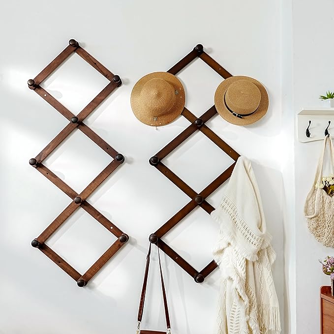 Dseap Expandable Coat Rack (Larger Version) - 24” High, Anti-Slip, Ultra Heavy Duty Wooden Accordian Wall Hanger with 10 Study Peg Hooks for Clothing Hats Jackets Bags, Grey