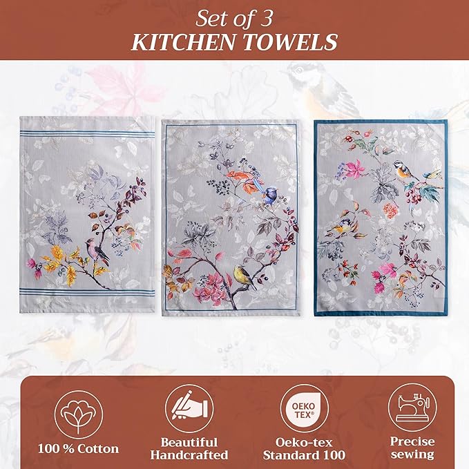 Maison d' Hermine Kitchen Towels Set of 3 100% Cotton 27.50" x 20" Reusable Cloth Tea Dish Towels Absorbent with Hanging Loop for Kitchen, Home, Dining, Cocktail Parties (Equinoxe - Grey)
