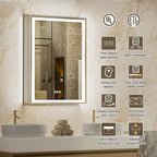 Lighted Medicine Cabinet with Mirror, 20x26 Beveled Brushed Nickel Framed Surface or Recessed Fogless Dimmable LED Medicine Cabinet with Outlet, Time Display and Sensor Inner Light