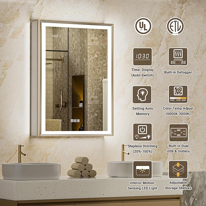 Lighted Medicine Cabinet with Mirror, 20x26 Beveled Brushed Nickel Framed Surface or Recessed Fogless Dimmable LED Medicine Cabinet with Outlet, Time Display and Sensor Inner Light