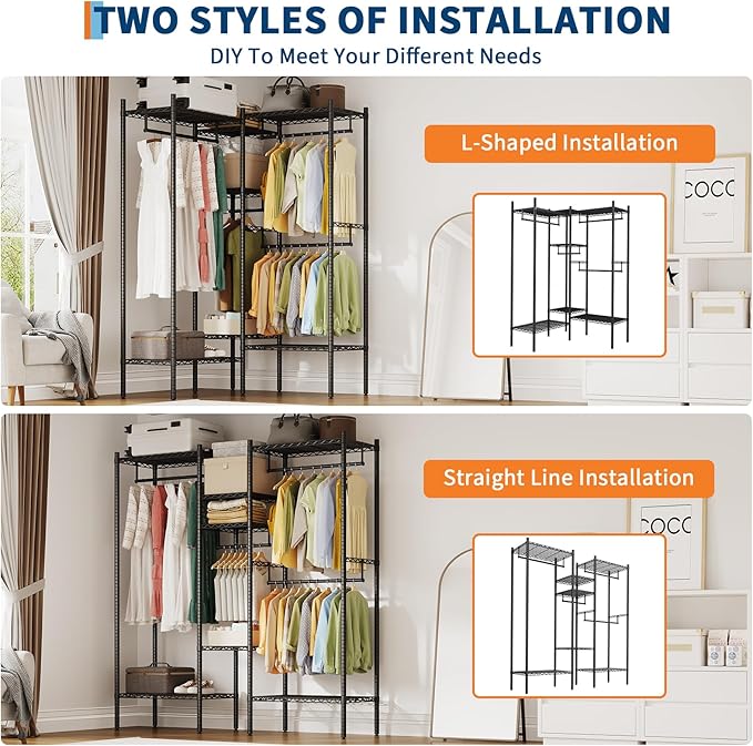 Heavy Duty Clothes Rack, Clothing Racks for Hanging Clothes, Freestanding Garment Racks with Shelves, Adjustable Closet Racks, 73.6" L x 17.3" W x 76.4" H, Max Load 1000LBS, Black