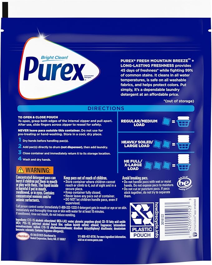 Purex 4-in-1 Laundry Detergent Pacs, Mountain Breeze, 66 Count, Brightening and Whitening, Powerful Clean, Tough on Stains, Boost of Freshness