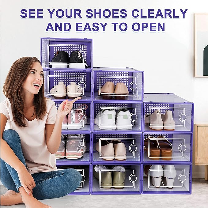 Kuject Shoe Organizers Storage Boxes for Closet, 12 Pack Clear Plastic Stackable Storage Bins with Lids, Under Bed Shoe Containers for Entryway, Drop Front, Fit up to Women's Size 10,Purple