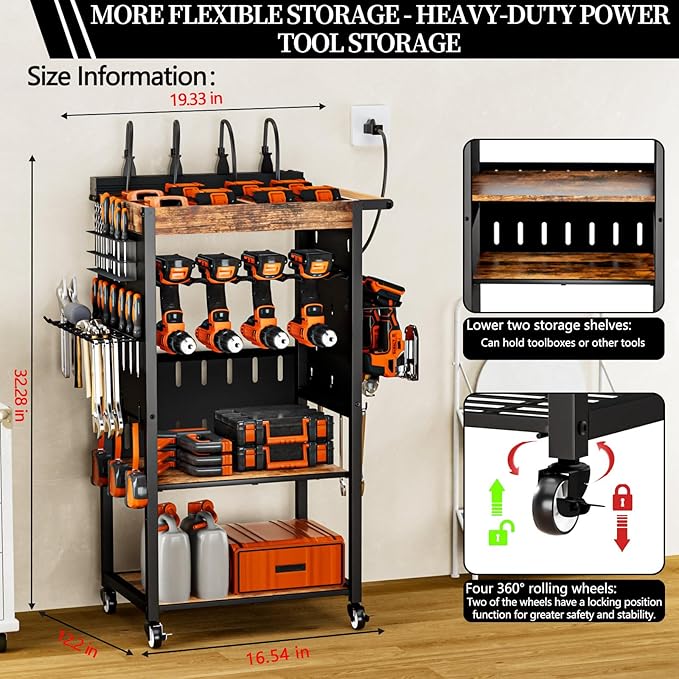Heavy-Duty Power Tool Organizer with Charging Station,Premium Thickened Wood Panels,4 Layers + 4 Multi-Functional Side Hooks ，Integrated Design Power Tool Organizers and Storage