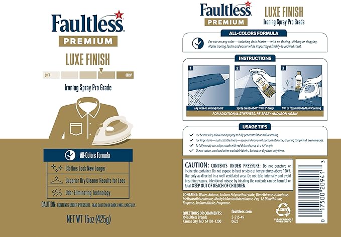 Faultless Premium Luxe Ironing Spray (15 Oz, 2 Pack) - Professional Iron Spray to Starch Clothes & Fabric - Reduce Ironing Time with No Flaking, Sticking or Clogging
