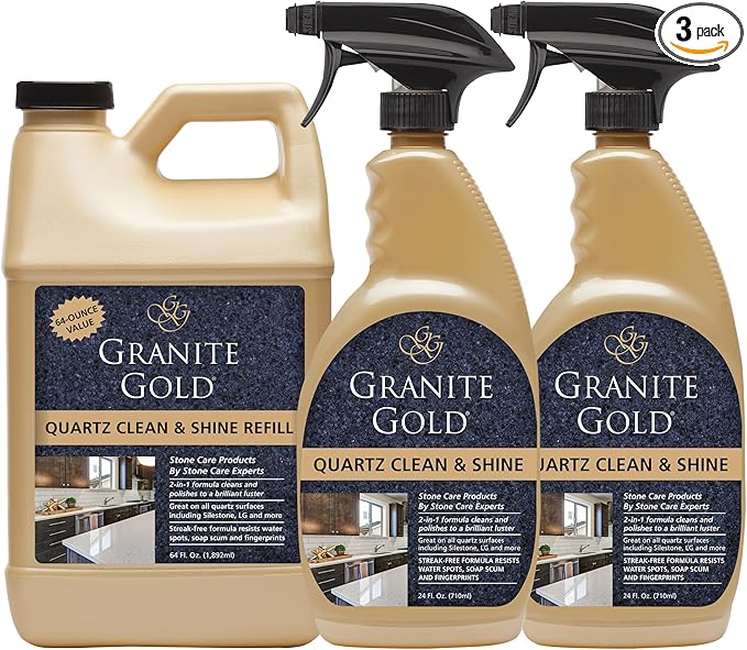 Granite Gold Quartz Clean & Shine Streak-Free Cleaner Deeps Cleans and Polishes All Quartz Surfaces Including Silestone, LG, and More, 64 Fluid Ounces and 2 x 24 Fluid Ounces