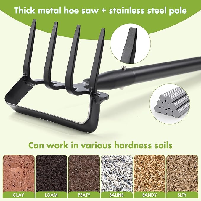 Weed Puller Gardening Tools, Hula Garden Hoe and 4 Tines Rake 2-in-1 Garden Tools for Weeding, Action Stirrup Hoe with 37"-62" Adjustable Long Handle for Lawn,Vegetable Garden Loose Soil and Weeding