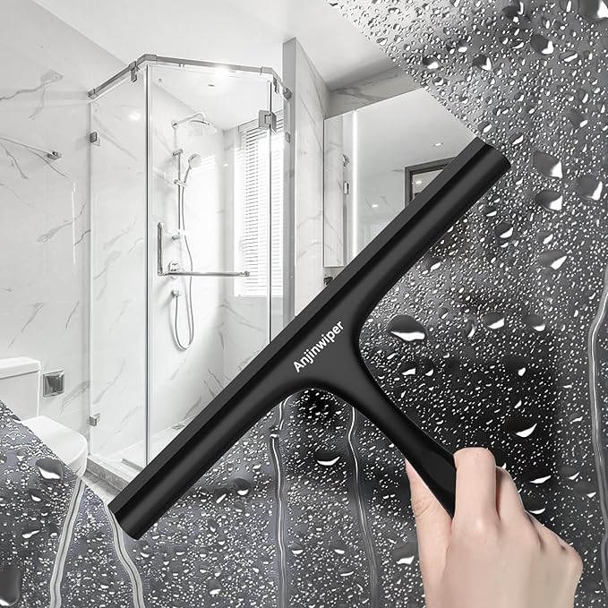 All-Purpose Shower Squeegee for Shower Glass Door with Adhesive Hook, Bathroom Cleaner Tool Household Squeegee,10 inch, Black