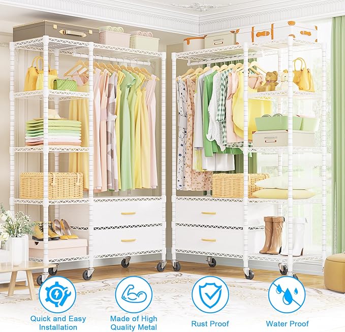 Ulif F3R Heavy Duty Clothes Rack（With Lockable Wheels）Freestanding Clothing Racks for Hanging Clothes，Adjustable Closet Organizer System，Portable Garment Rack 40"W x 15"D x 74"H，Max Load 700LBS，White