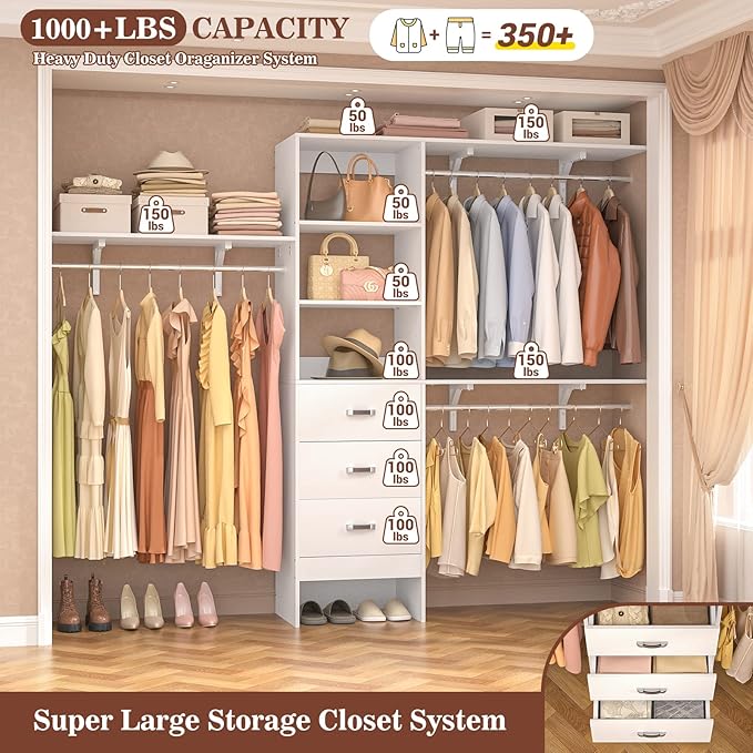 iSunirm 8FT Closet System, 96'' Closet Organizer System with 3 Hanging Rods, Wall Mount Bedroom Wardrobe with 3 Drawers Walk-in Closet, Adjustable Cloth Garment Rack from 5 to 8FT (Cut to Fit), White