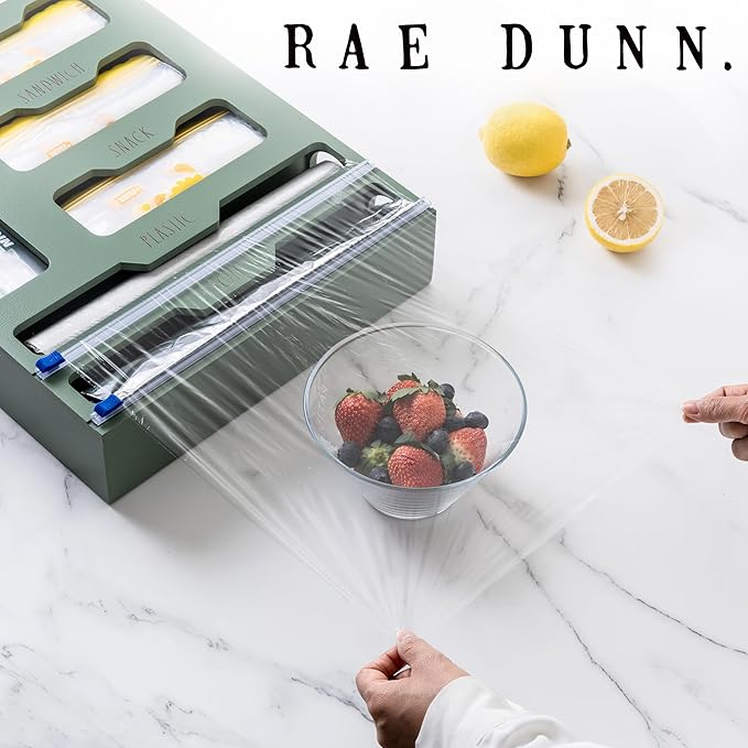 Rae Dunn Bamboo Bag Organizer for Kitchen Drawer - Durable Wood Organizer for Kitchen Storage - Holds Gallon, Quart, Snack, Sandwich Size Baggies, Plastic Wrap and Foil